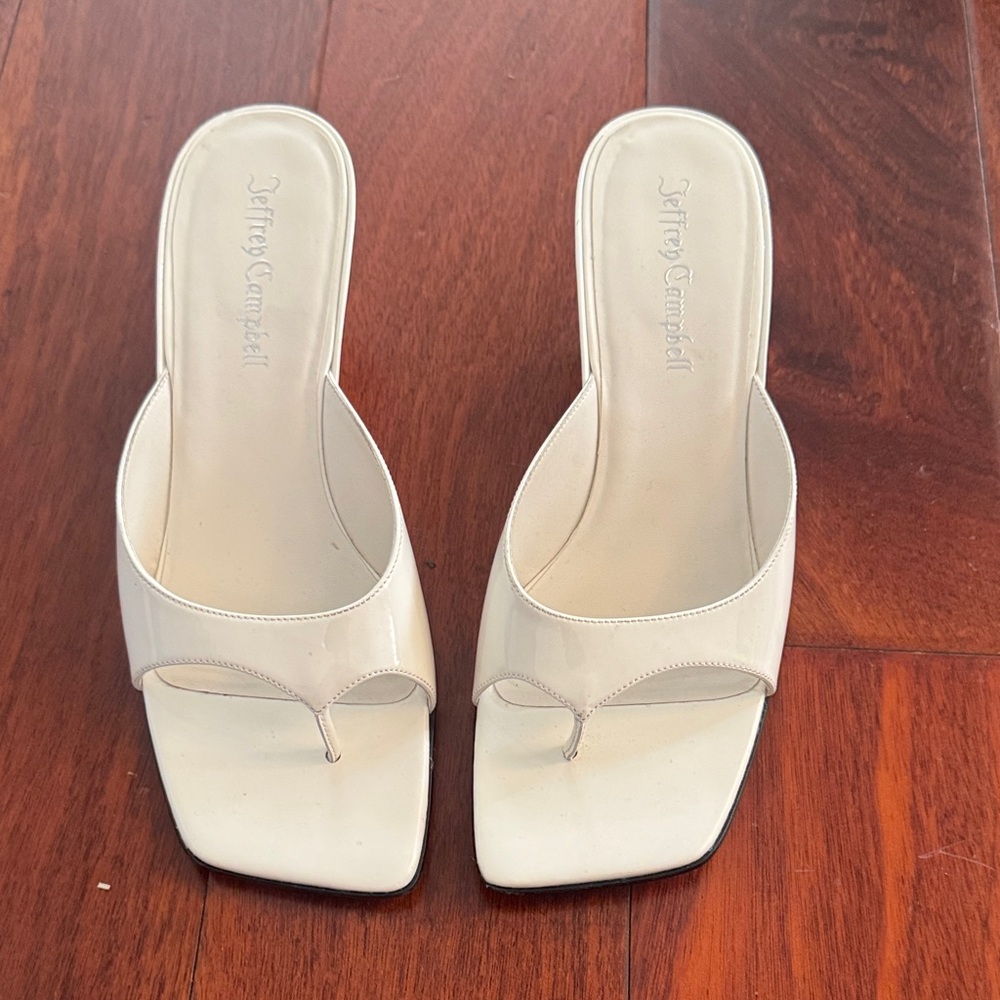 Jeffrey Campbell Cream Square-Toe Thong Mules